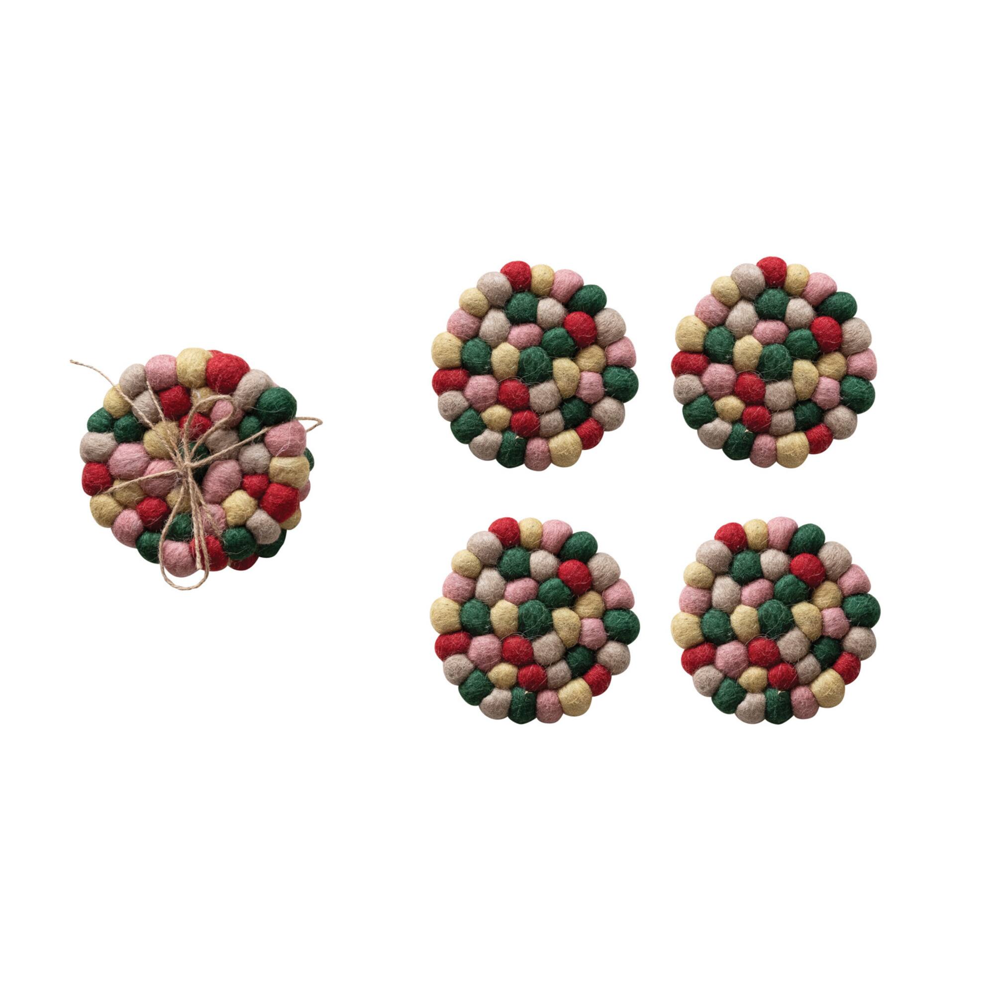 Hello Honey® 4" Multicolor Round Handmade Wool Felt Ball Coasters, 4ct.